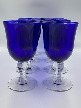 Libbey Martello Cobalt Blue Clear Textured Stemmed Goblets- Set of 8